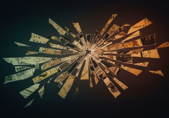 Shattered map collage on dark background creating abstract art with geometric patterns