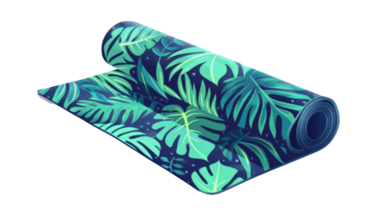 Yoga mat with tropical leaves pattern partially rolled up on transparent background