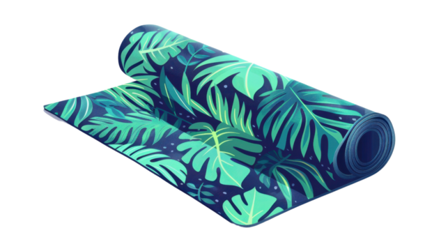 Yoga mat with tropical leaves pattern partially rolled up on transparent background