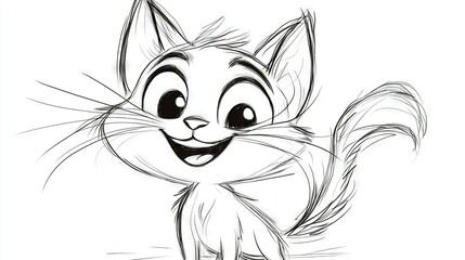 Obraz premium A monochrome depiction of a feline with enlarged eyes and a grin gracing its visage, in a whimsical manner