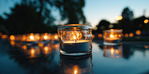 Lit Candle with Blurred Background Candles at Dusk