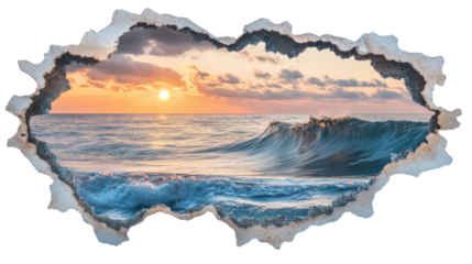Ocean waves crashing at sunset behind torn wall with transparent background