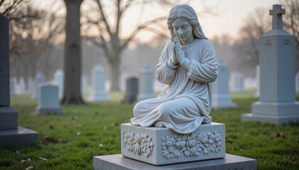 Obraz premium Sorrowful marble statue praying in mausoleum garden, eternal remembrance