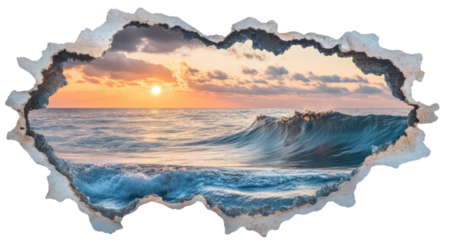 Ocean waves crashing at sunset behind torn wall with transparent background