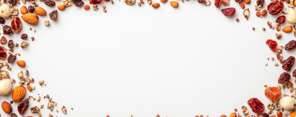 Fototapeta premium clean and vibrant flat lay of dried fruits and nuts, showcasing variety of textures and colors, perfect for healthy snacking or culinary presentations
