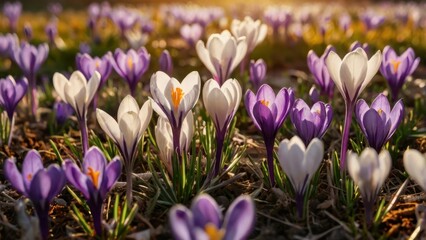 Purple and White Crocus Blossoming in a Sunlit Spring Meadow