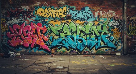 Fototapeta premium Vivid urban graffiti art on brick wall displaying colorful street creativity