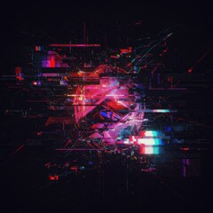 Futuristic digital glitch art with abstract geometric shapes and neon colors