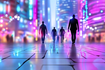 Blurred silhouettes of people walking in the city, vector illustration, colorful background