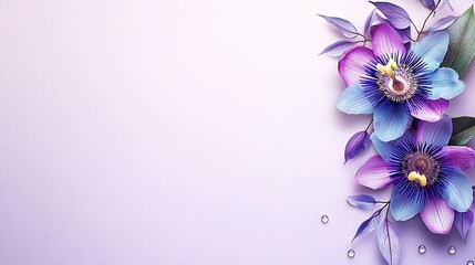   A cluster of lilac blossoms with emerald foliage on a pastel lavender canvas, featuring a dewdrop at the base