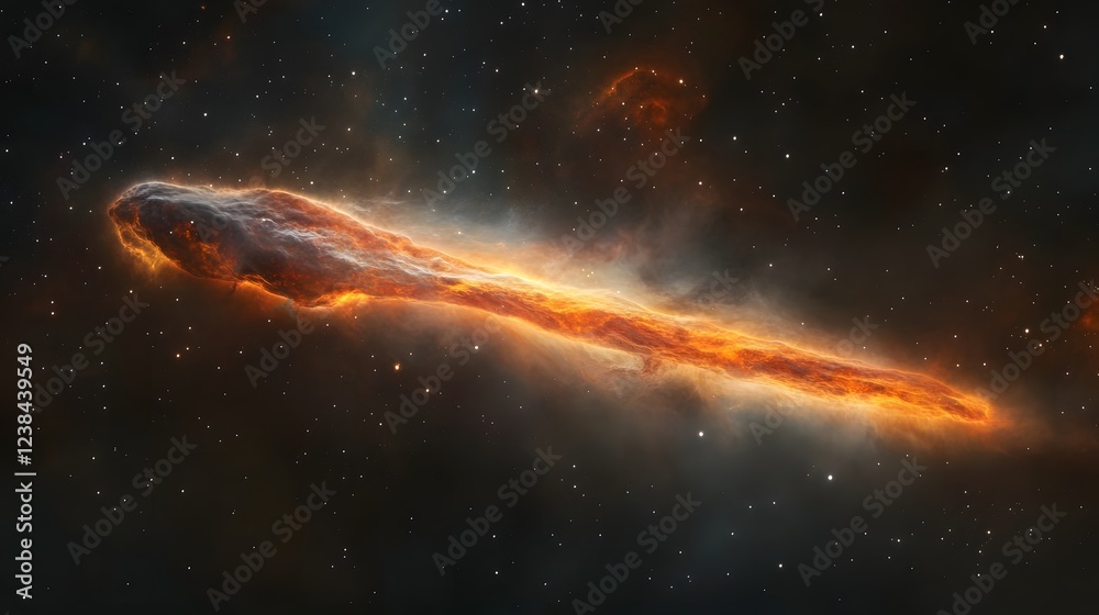 Poster A dynamic and fiery celestial object resembling a blazing comet or asteroid hurtling across the expansive and luminous cosmic landscape of stars nebulae and other celestial bodies