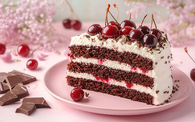 A slice of rich chocolate cake adorned with fresh cherries on top, showcasing a delightful dessert presentation.