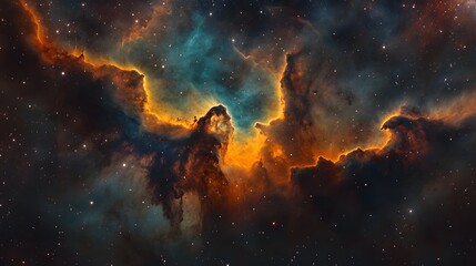Fototapeta premium Breathtaking Cosmic Explosion in the Heart of the Galactic Landscape Fiery nebulae and swirling stellar clusters amid the vast cosmic canvas showcasing the dynamic and nature of the universe