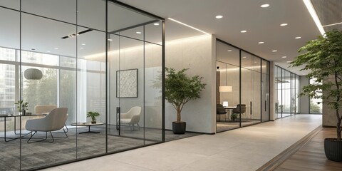 Modern office interior design with glass partitions and minimalist furniture