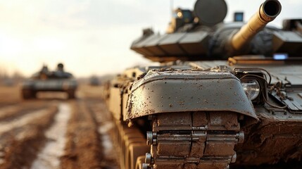 Military tanks maneuver on dusty field, sunset