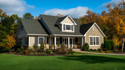 Fototapeta premium A charming suburban house surrounded by autumn foliage, featuring a mix of stone and siding with a welcoming porch and lush green lawn