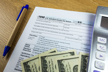 us tax forms 1040. For 2023, business tax time concept.