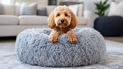 Fototapeta na wymiar A fluffy dog relaxes on a cozy round pet bed in a stylish living room setting, showcasing comfort and modern decor