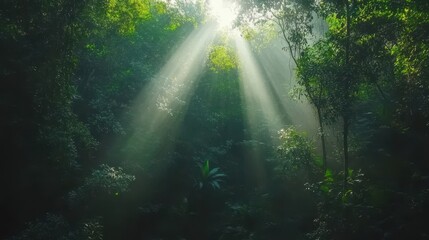 Sunbeams Illuminate Lush Green Forest Canopy