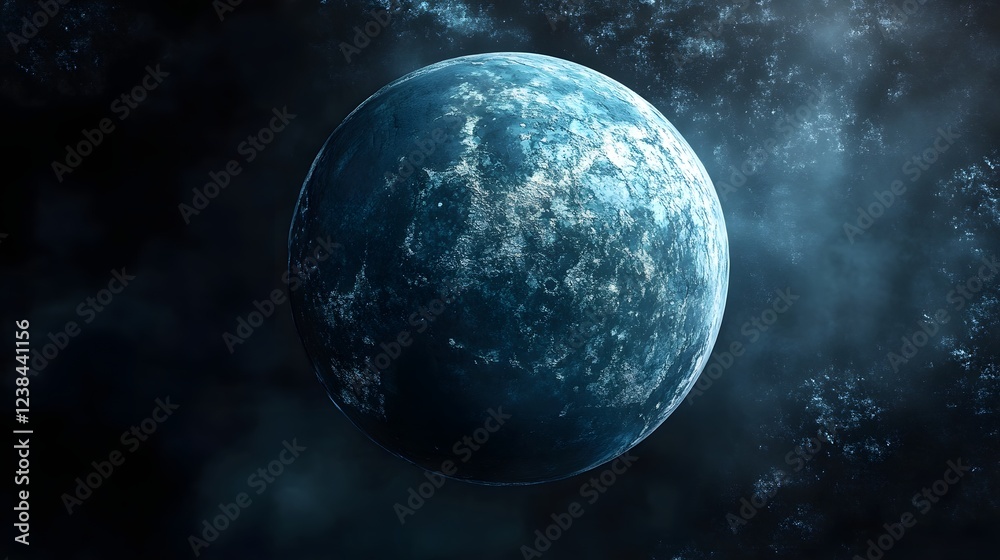Poster Captivating Celestial Sphere Floating in the Enigmatic Depths of the Cosmos   A mesmerizing futuristic image of a mysterious glowing spherical planet or moon suspended in a dark starry universe