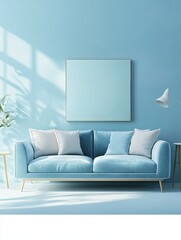 Pretty simple decor of living room with blue sofa and light blue wall