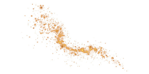 Golden sparks of dust and golden stars shine with special light. Christmas light effect. Golden sparkling particles of magic dust. PNG.