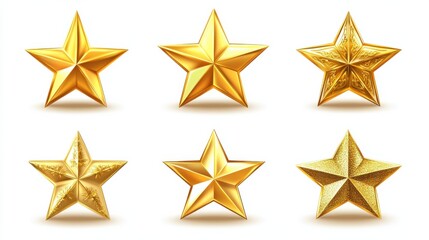 Fototapeta premium Sparkle award glossy five golden star success review set. Gold glittering rating or winner symbolic ornament, twinkle star rate for status or service evaluation vector illustration isolated on white