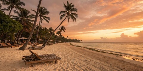 Obraz premium Serene Sunset Beach Scene with Empty Wooden Lounge Chairs
