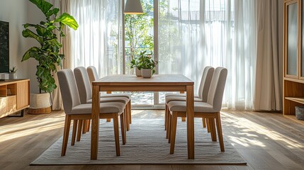 Dining table arrangement modern home interior design bright space wide angle aesthetic living