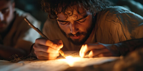 Fototapeta premium Man Writing with Burning Twig on Papyrus