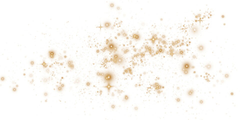 Golden sparks of dust and golden stars shine with special light. Christmas light effect. Golden sparkling particles of magic dust. PNG.
