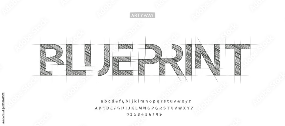 Aufkleber Architectural project font, technical draw style alphabet. Geometrical typography. Wireframe letters, typographic design with shaded for architecture logo and headline. Isolated vector typeset