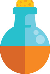 Round bottom flask containing an orange chemical solution, with bubbles, and sealed with a cork