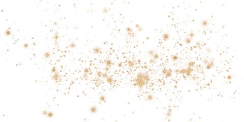 Golden sparks of dust and golden stars shine with special light. Christmas light effect. Golden sparkling particles of magic dust. PNG.