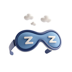Sleep Mask 3D Render: A light blue sleep mask with navy blue trim, adorned with "Z" symbols, floats against a clean backdrop, accompanied by fluffy white clouds suggesting peaceful slumber. 