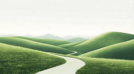 Serene winding path through lush green rolling hills and meadows under a tranquil sky.