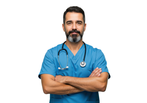 Confident male doctor wearing blue scrubs with a stethoscope around his neck, arms crossed