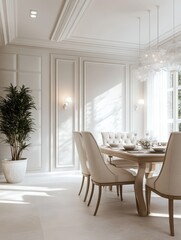 Naklejka premium White dining room interior with beige decorations