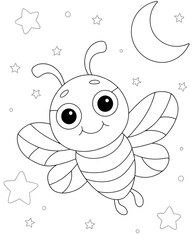 Delightful Cartoon Bee Coloring Page for Kids &ndash; Smiling Bee with Big Eyes, Antennae, Surrounded by Stars, Crescent Moon. Perfect for Nighttime Coloring Fun with a Simple Black, White Design,High-Quali