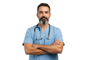 Confident male doctor wearing blue scrubs with a stethoscope around his neck, arms crossed