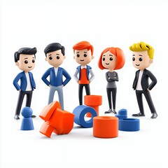 Obraz premium Five Friendly Cartoon Figures with Geometric Shapes on White Background