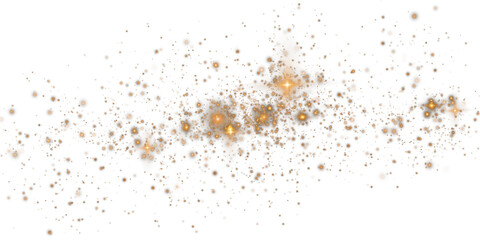 Golden sparks of dust and golden stars shine with special light. Christmas light effect. Golden sparkling particles of magic dust. PNG.
