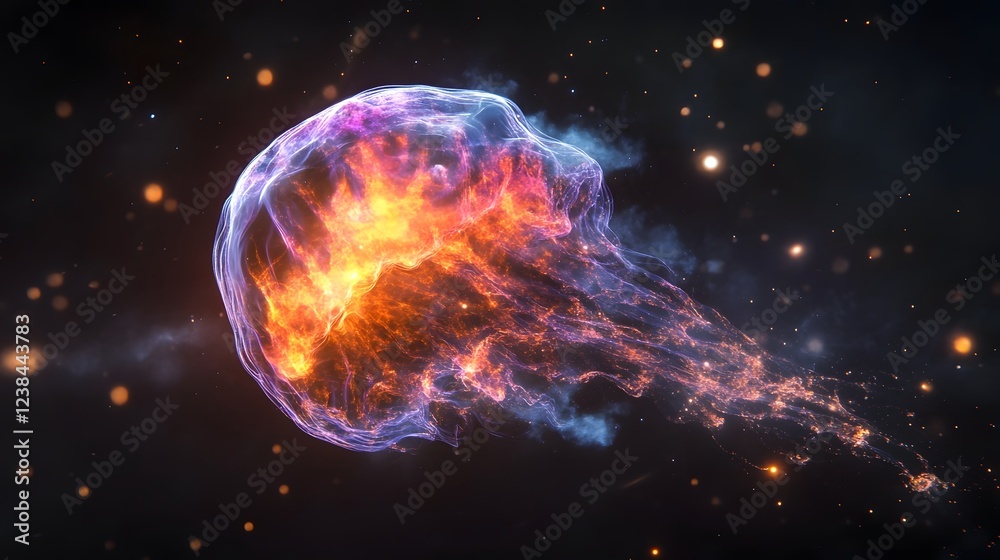 Poster Captivating image of a mesmerizing cosmic explosion showcasing a vibrant nebula bursting with fiery energy and radiant celestial dynamism  The scene is filled with a dazzling array of colors textures