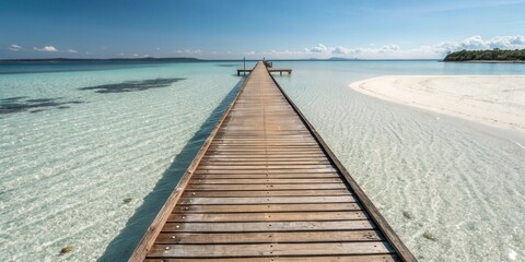 Obraz premium Wooden walkway extending into a tranquil, shallow, turquoise ocean towards a pristine, sandy shoreline under a vibrant blue sky