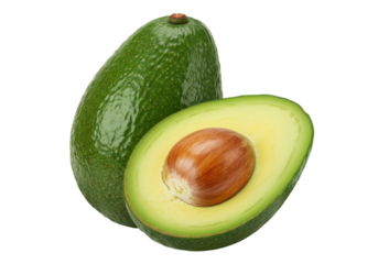 whole ripe avocado and a halved avocado showing the seed and vibrant green flesh, with green leaves, isolated on white background