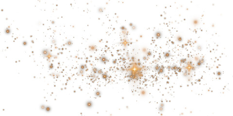 Golden sparks of dust and golden stars shine with special light. Christmas light effect. Golden sparkling particles of magic dust. PNG.