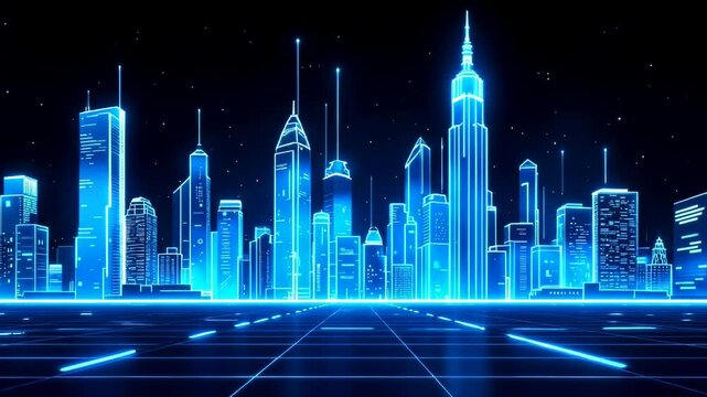 Futuristic neon blue cityscape with glowing skyscrapers in digital matrix style grid. Modern metropolis skyline in cyberpunk aesthetic. Night urban landscape with luminous buildings