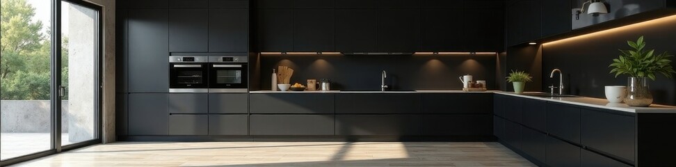 Fototapeta premium Modern black kitchen doors, bright space, simple design elements, natural light, kitchen visual, tidy kitchen