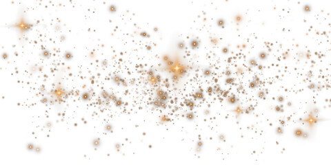 Golden sparks of dust and golden stars shine with special light. Christmas light effect. Golden sparkling particles of magic dust. PNG.
