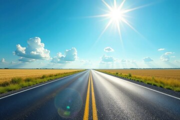 Naklejka premium Empty asphalt road disappearing into bright sunny sky, nature, graphic